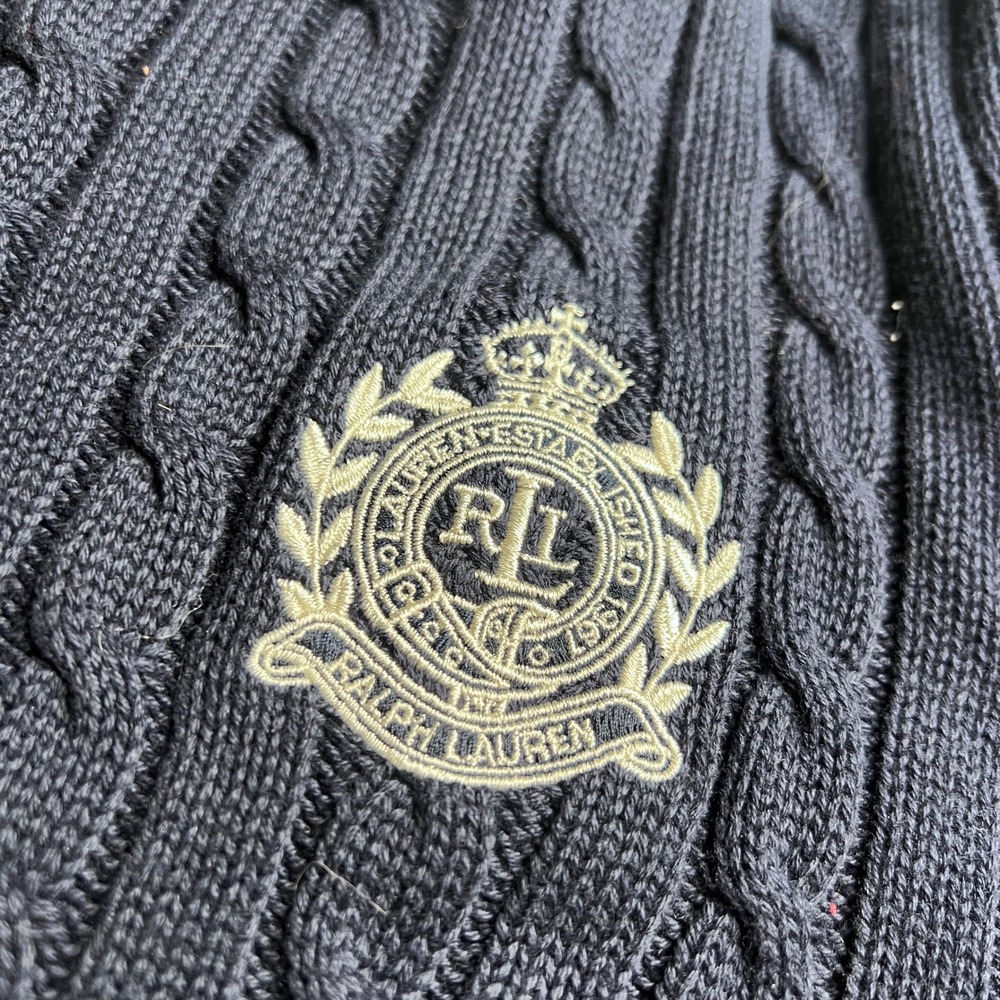 Lauren Active Ralph Lauren Navy Blue‎ Cable Knit Full Zip Crest Sweater XL - Picture 5 of 7